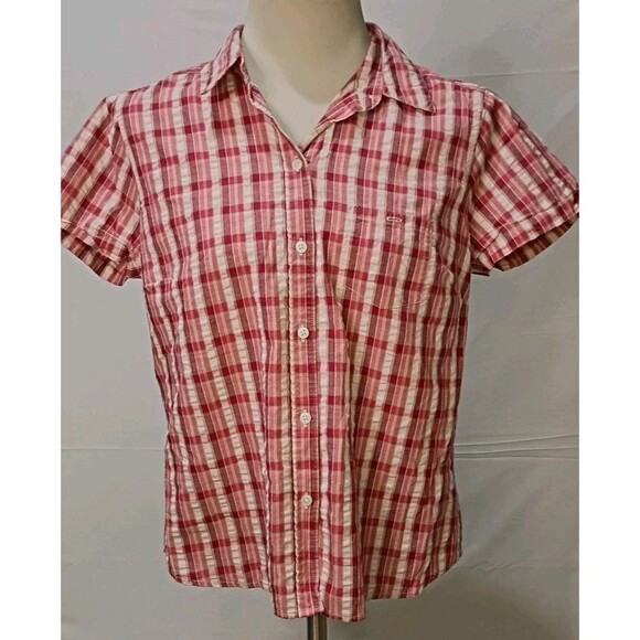 Eddie Bauer Shirt Women's Button Down Short Sleeve Plaid Pink Size Large - Picture 11 of 11